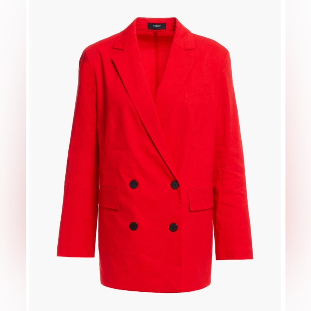 Theory Piazza Double-Breasted Linen Blazer, Red, Size 12